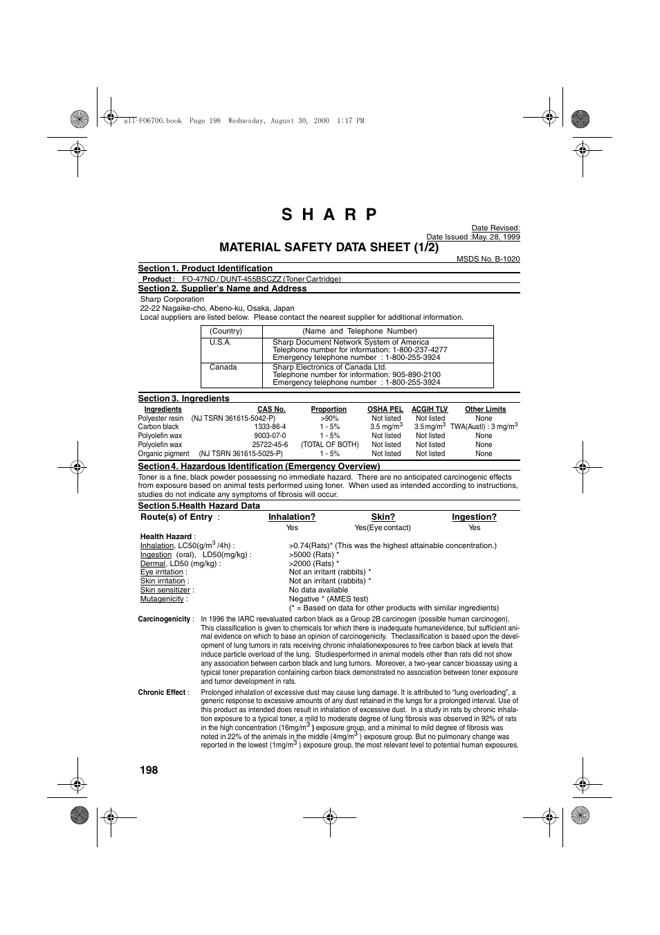 Material safety data sheet (1/2) | Sharp FO-6700 User Manual | Page 200 / 208