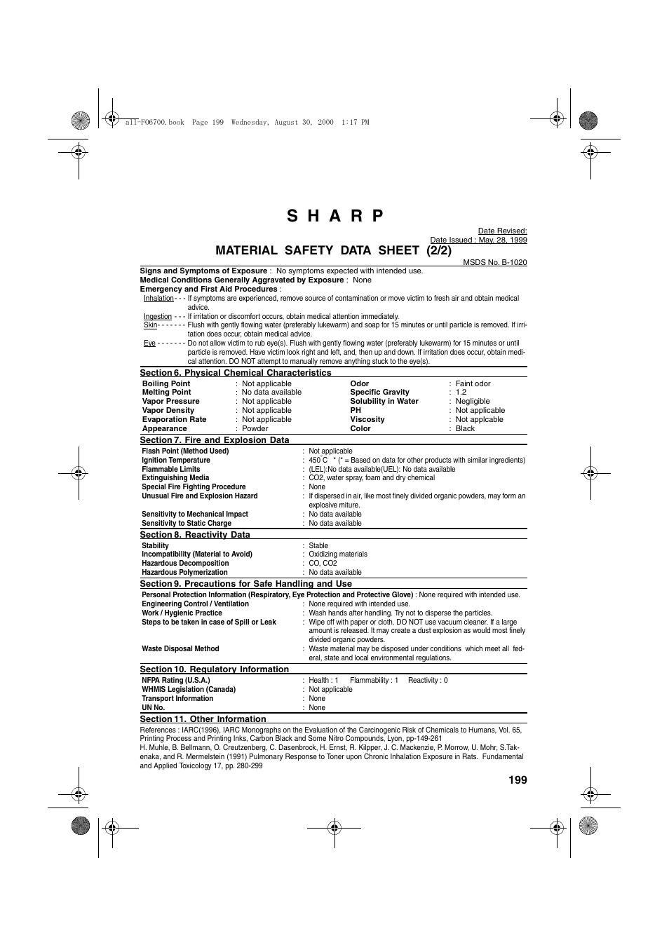 Material safety data sheet (2/2) | Sharp FO-6700 User Manual | Page 201 / 208