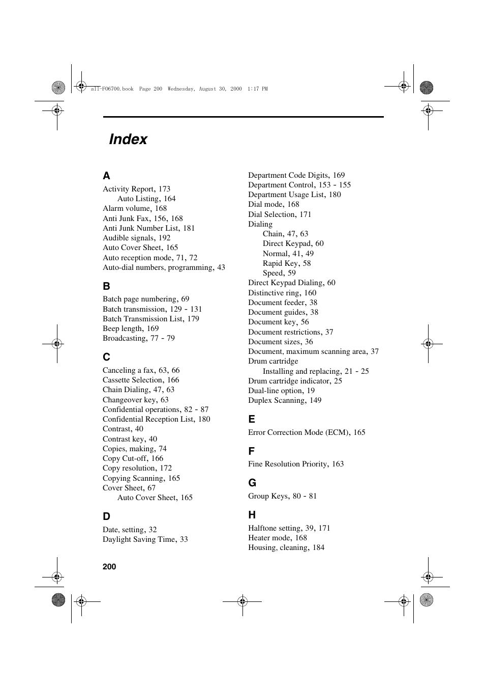 Index | Sharp FO-6700 User Manual | Page 202 / 208