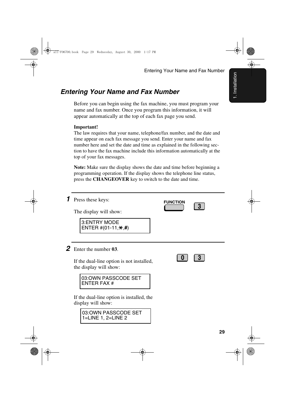 Entering your name and fax number | Sharp FO-6700 User Manual | Page 31 / 208