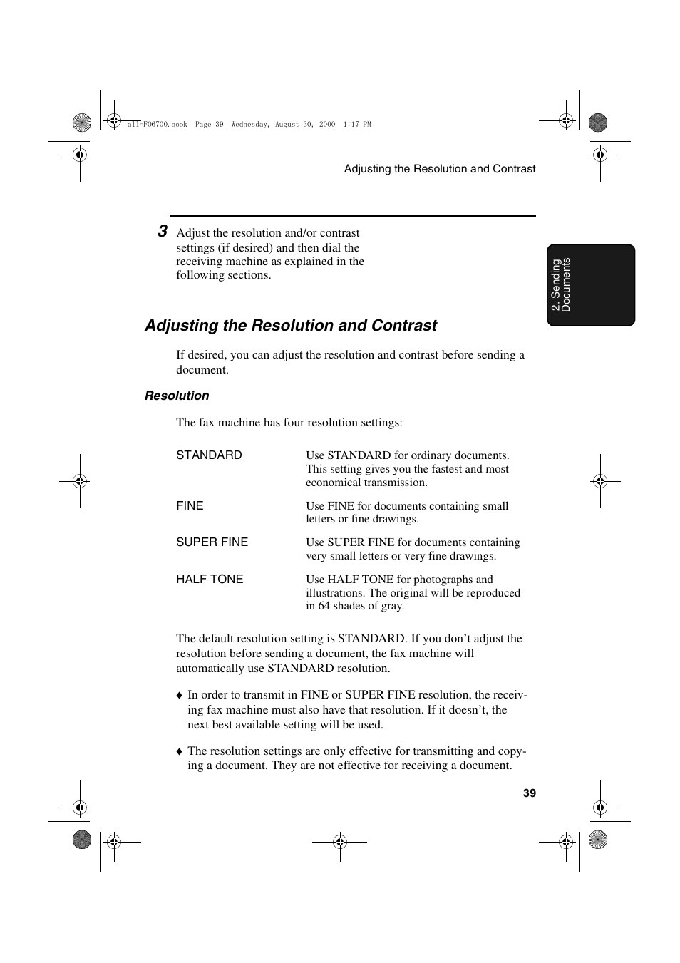 Adjusting the resolution and contrast | Sharp FO-6700 User Manual | Page 41 / 208