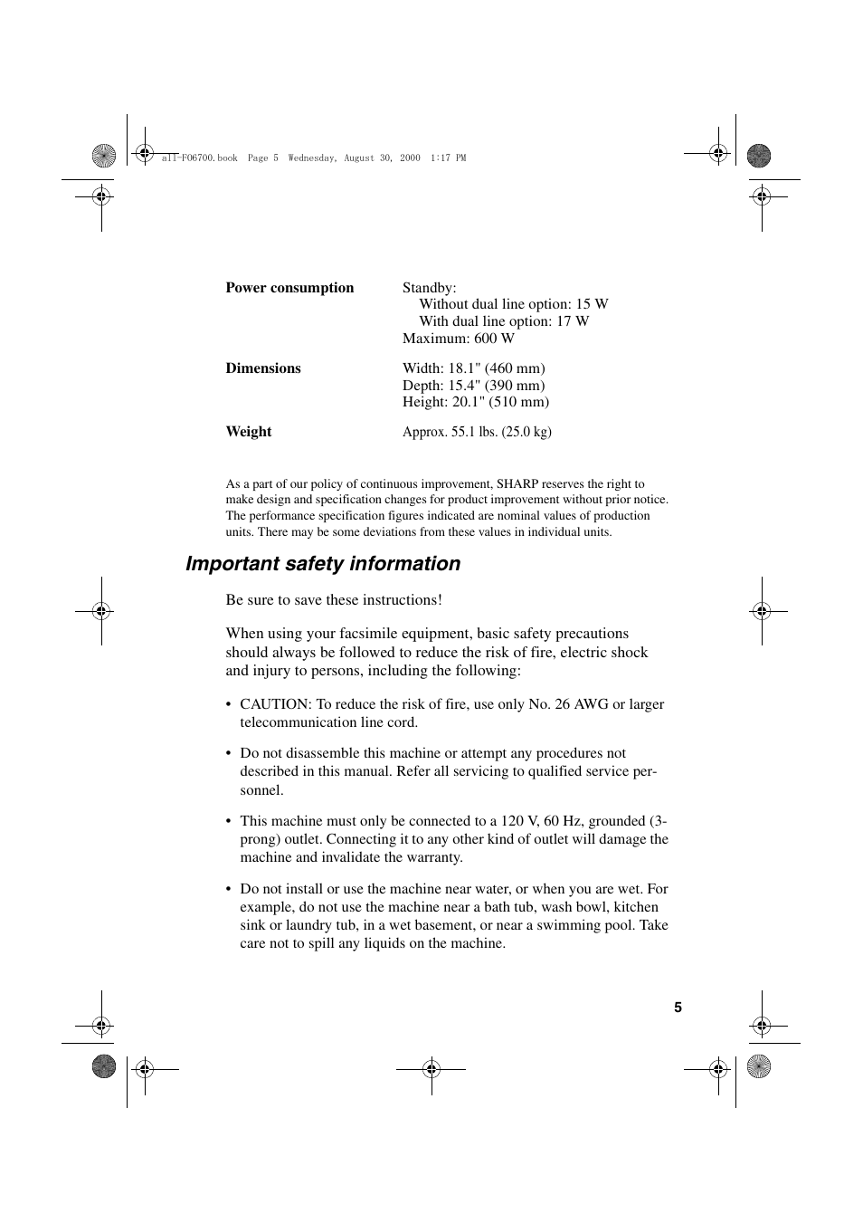 Important safety information | Sharp FO-6700 User Manual | Page 7 / 208