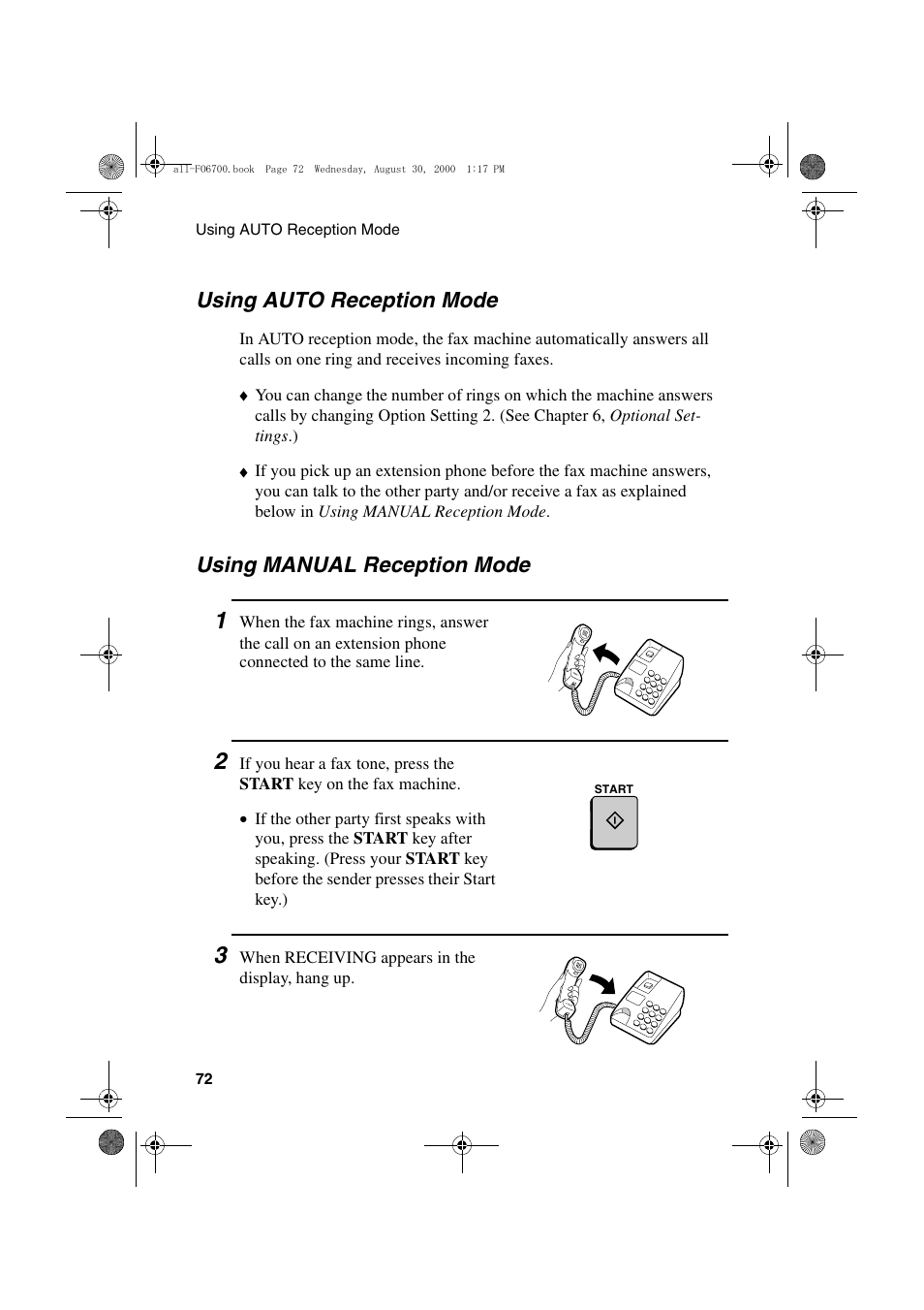 Using manual reception mode, Using auto reception mode | Sharp FO-6700 User Manual | Page 74 / 208