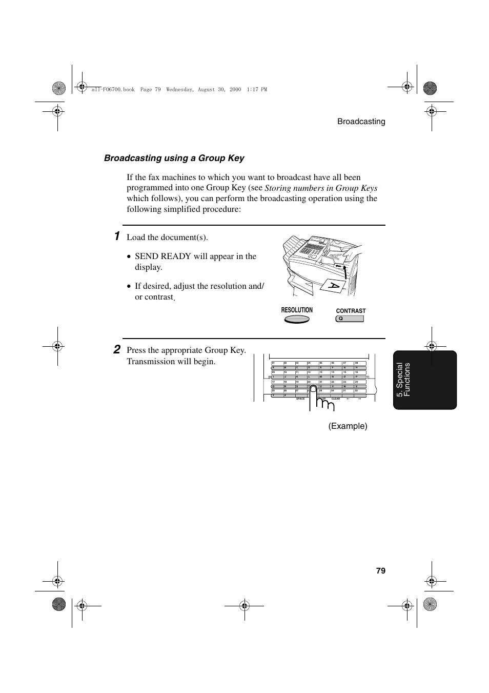 Example), Broadcasting 79 5. spec ial func ti ons, Resolution | Contrast | Sharp FO-6700 User Manual | Page 81 / 208