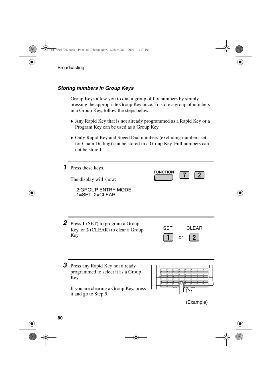 Press these keys. the display will show, Group entry mode 1=set, 2=clear, Or set clear | Example), Broadcasting 80, Function | Sharp FO-6700 User Manual | Page 82 / 208