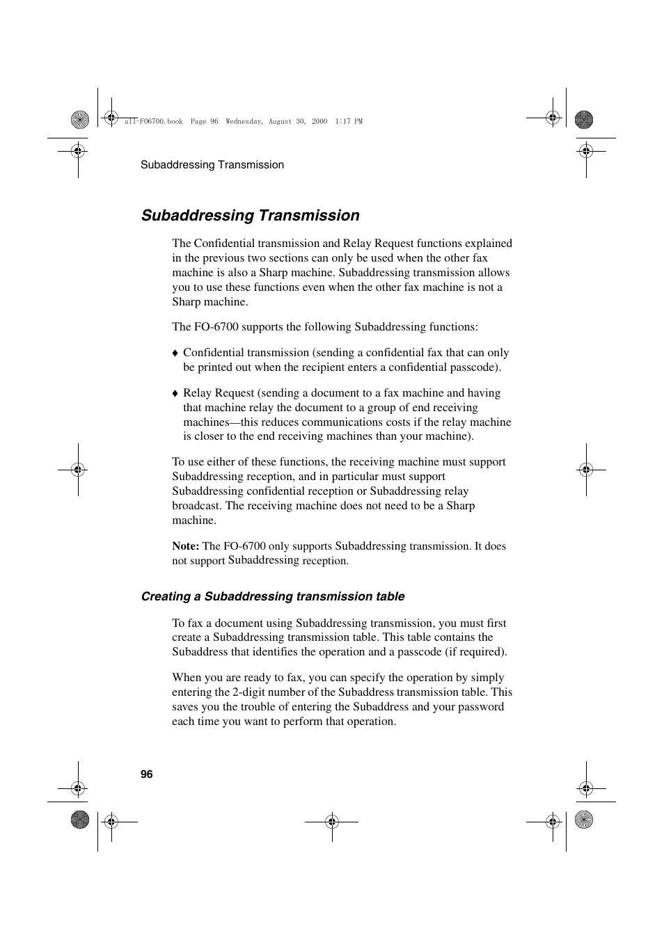 Subaddressing transmission | Sharp FO-6700 User Manual | Page 98 / 208