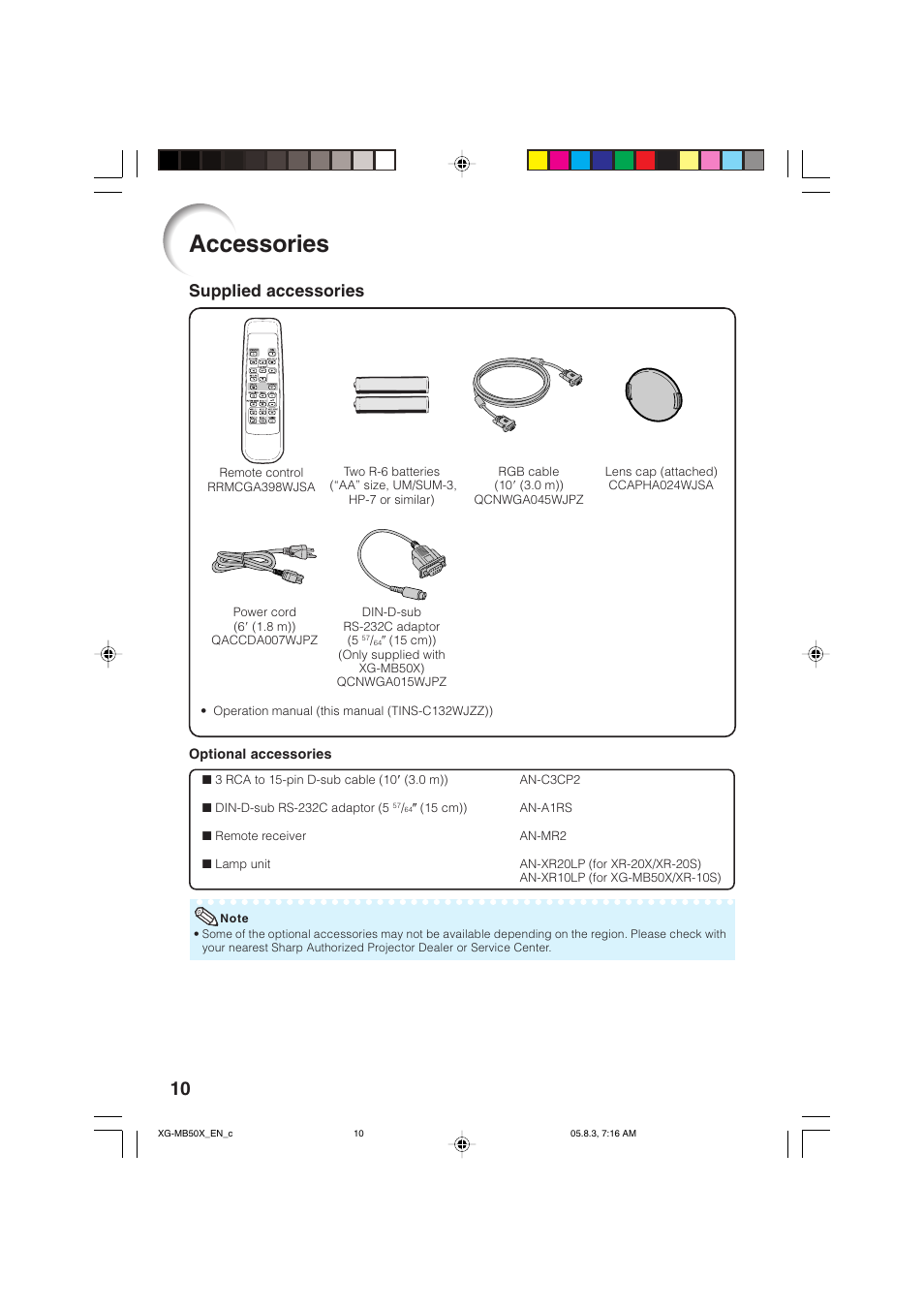Accessories, Supplied accessories | Sharp XG-MB50X User Manual | Page 12 / 68