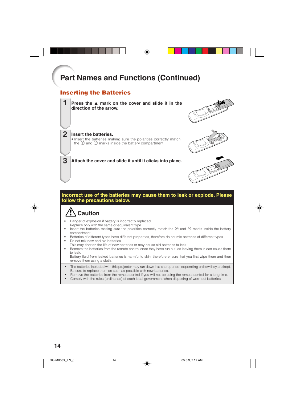 Part names and functions (continued), Caution, Inserting the batteries | Sharp XG-MB50X User Manual | Page 16 / 68