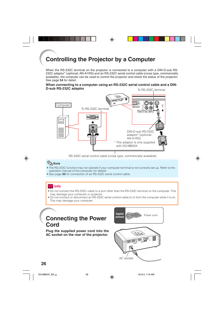 Controlling the projector by a computer, Connecting the power cord | Sharp XG-MB50X User Manual | Page 28 / 68