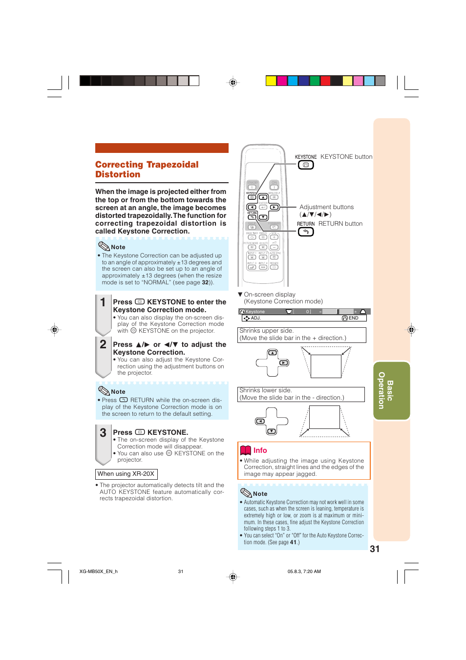 Correcting trapezoidal distortion | Sharp XG-MB50X User Manual | Page 33 / 68