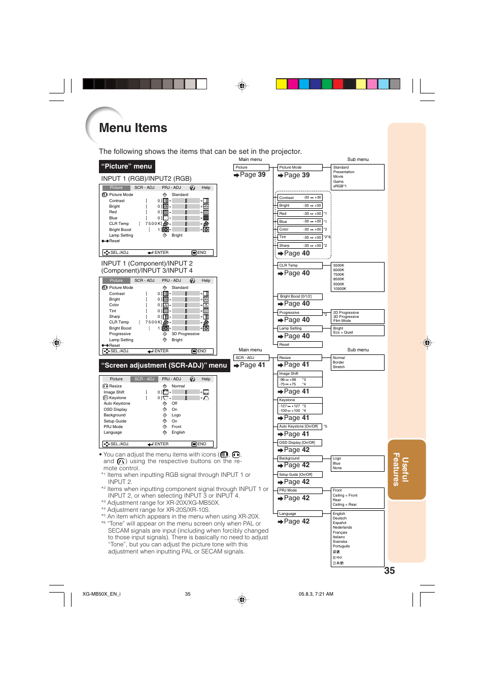 Menu items, Useful features, Screen adjustment (scr-adj)” menu | Picture” menu, Page 39, Page 41 | Sharp XG-MB50X User Manual | Page 37 / 68