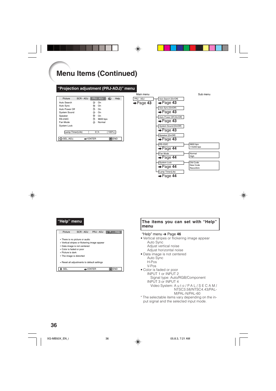 Menu items (continued), The items you can set with “help” menu | Sharp XG-MB50X User Manual | Page 38 / 68