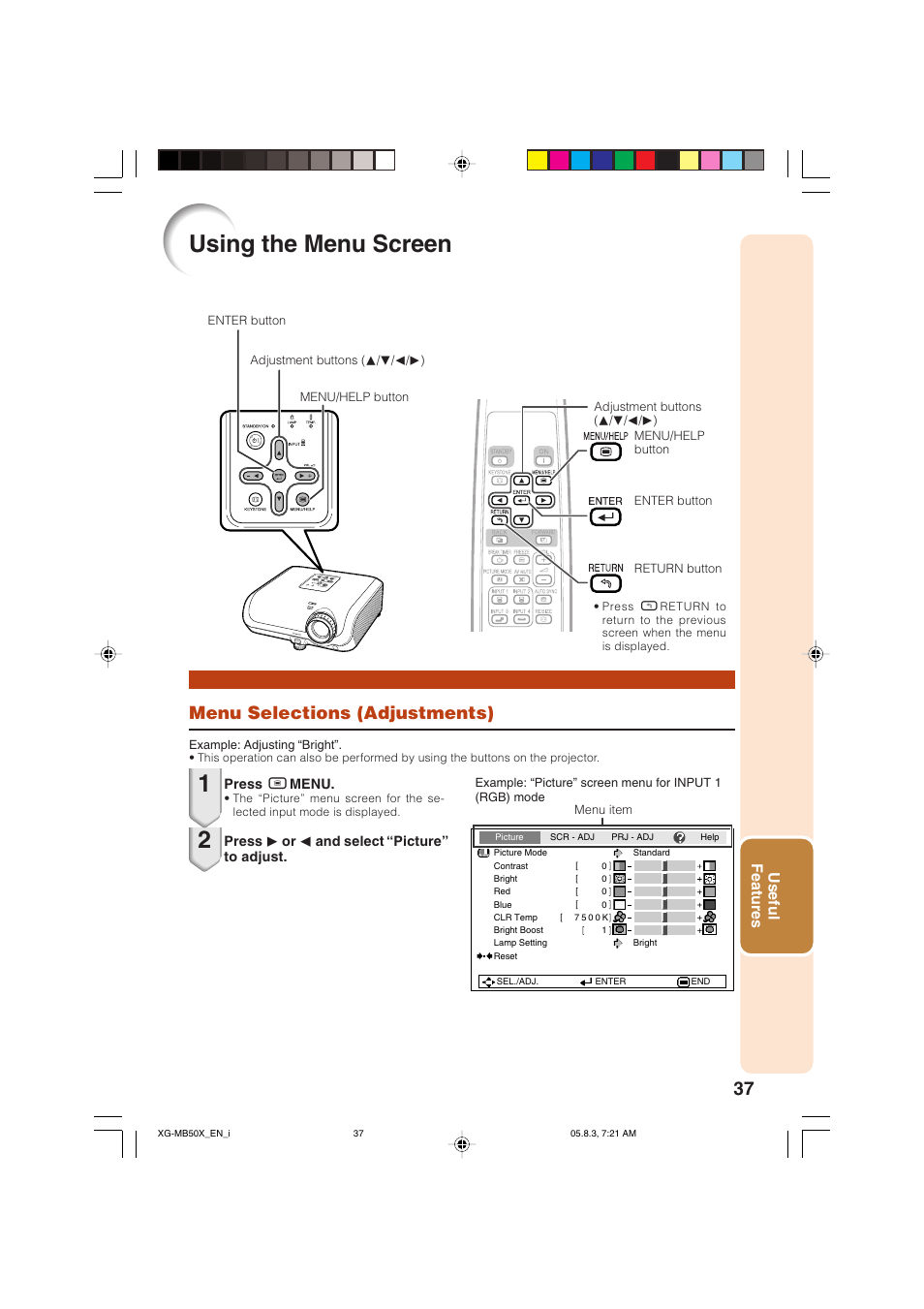 Using the menu screen, Menu selections (adjustments), Useful features | Sharp XG-MB50X User Manual | Page 39 / 68