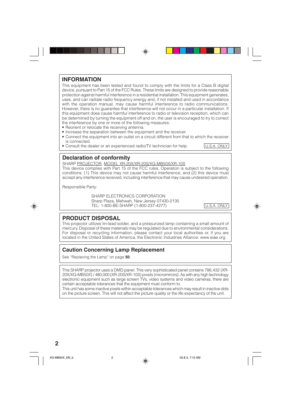 Product disposal, Information, Declaration of conformity | Caution concerning lamp replacement | Sharp XG-MB50X User Manual | Page 4 / 68