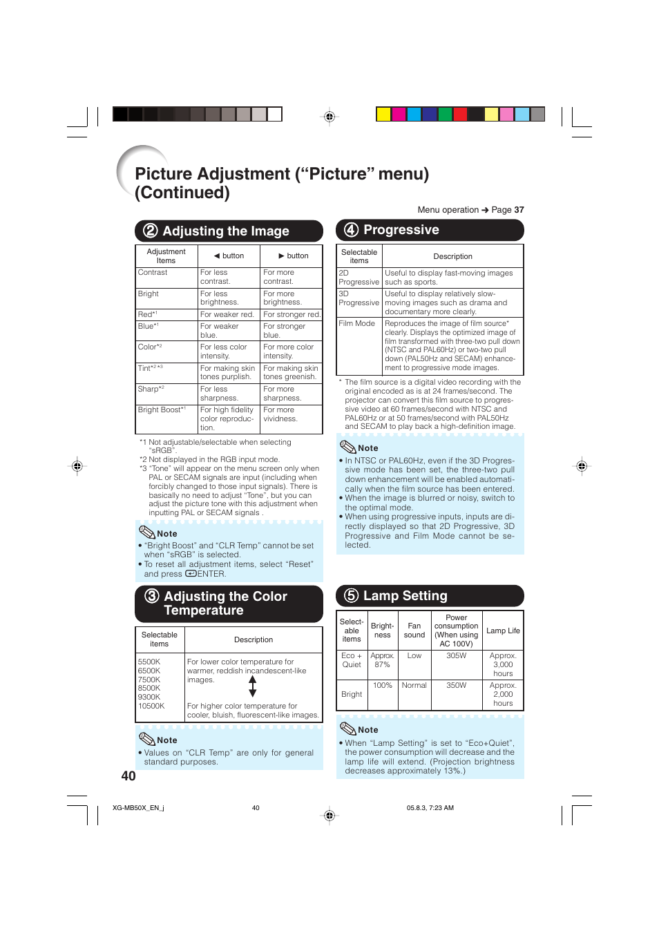 Picture adjustment (“picture” menu) (continued), 55 lamp setting, 22 adjusting the image | 33 adjusting the color temperature | Sharp XG-MB50X User Manual | Page 42 / 68