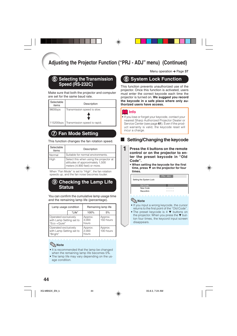 88 system lock function, 77 fan mode setting, 99 checking the lamp life status | A setting/changing the keycode | Sharp XG-MB50X User Manual | Page 46 / 68