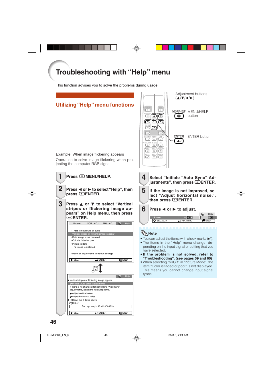 Troubleshooting with “help” menu, Utilizing “help” menu functions | Sharp XG-MB50X User Manual | Page 48 / 68