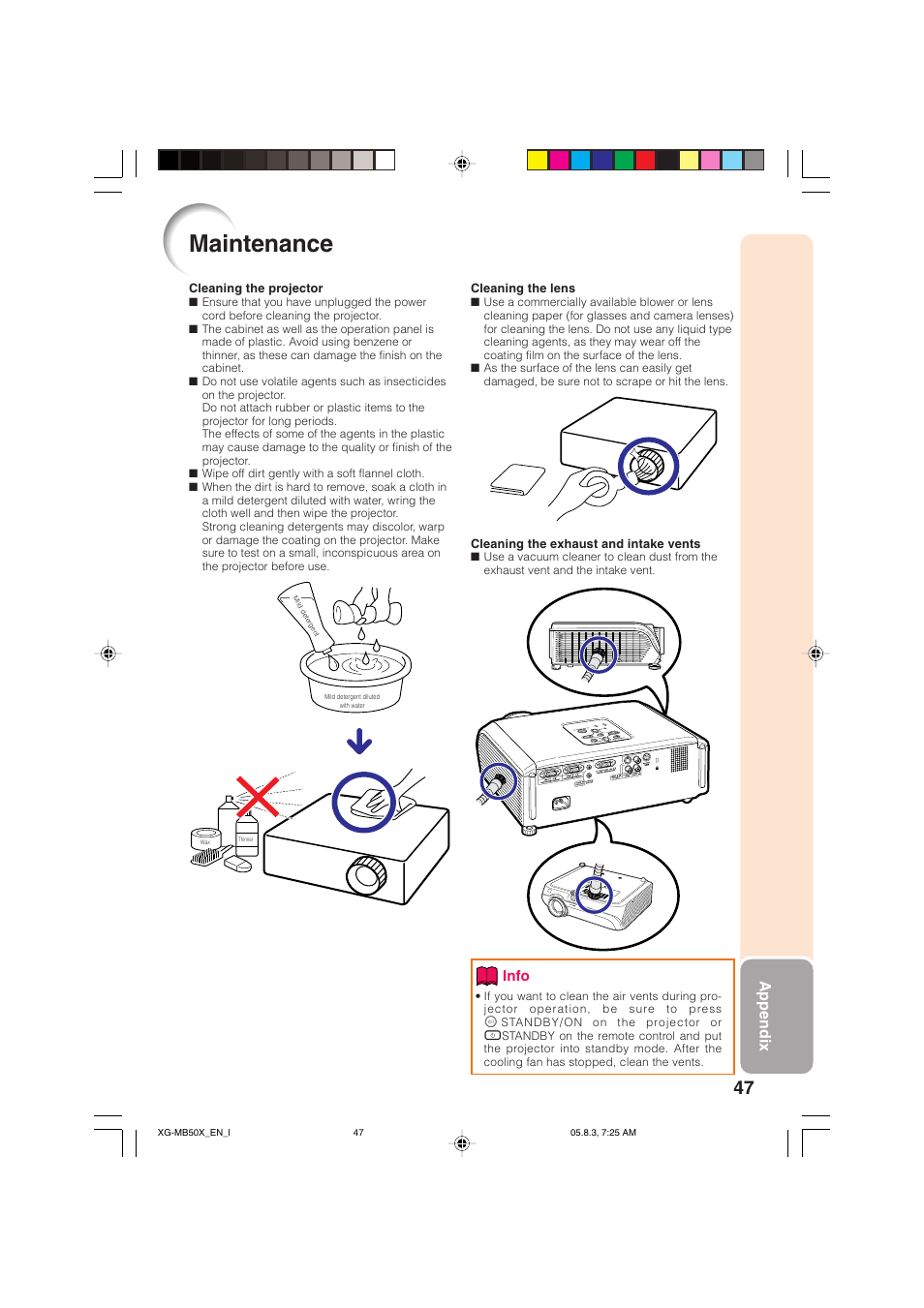Maintenance, Appendix | Sharp XG-MB50X User Manual | Page 49 / 68