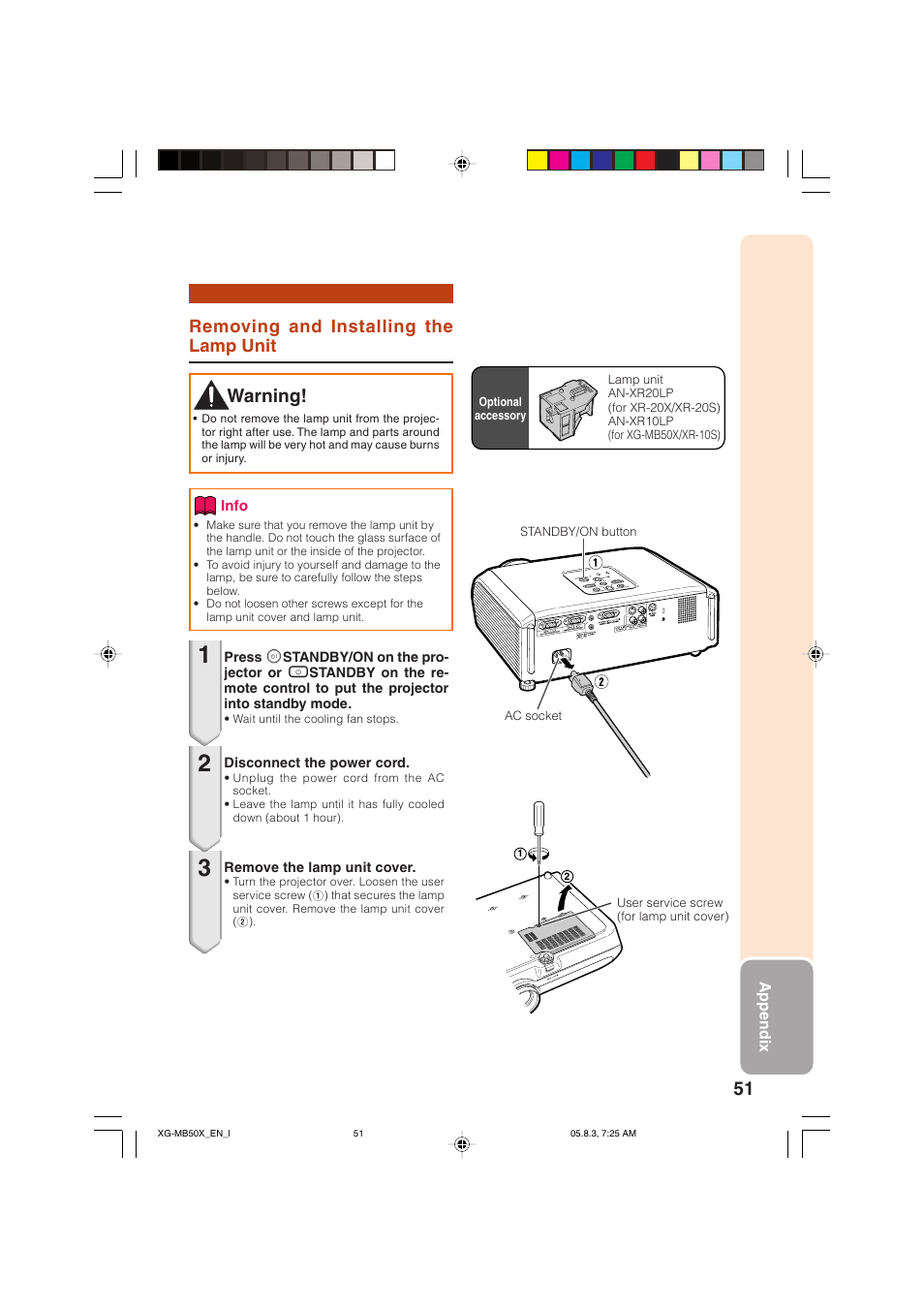Warning, Removing and installing the lamp unit | Sharp XG-MB50X User Manual | Page 53 / 68