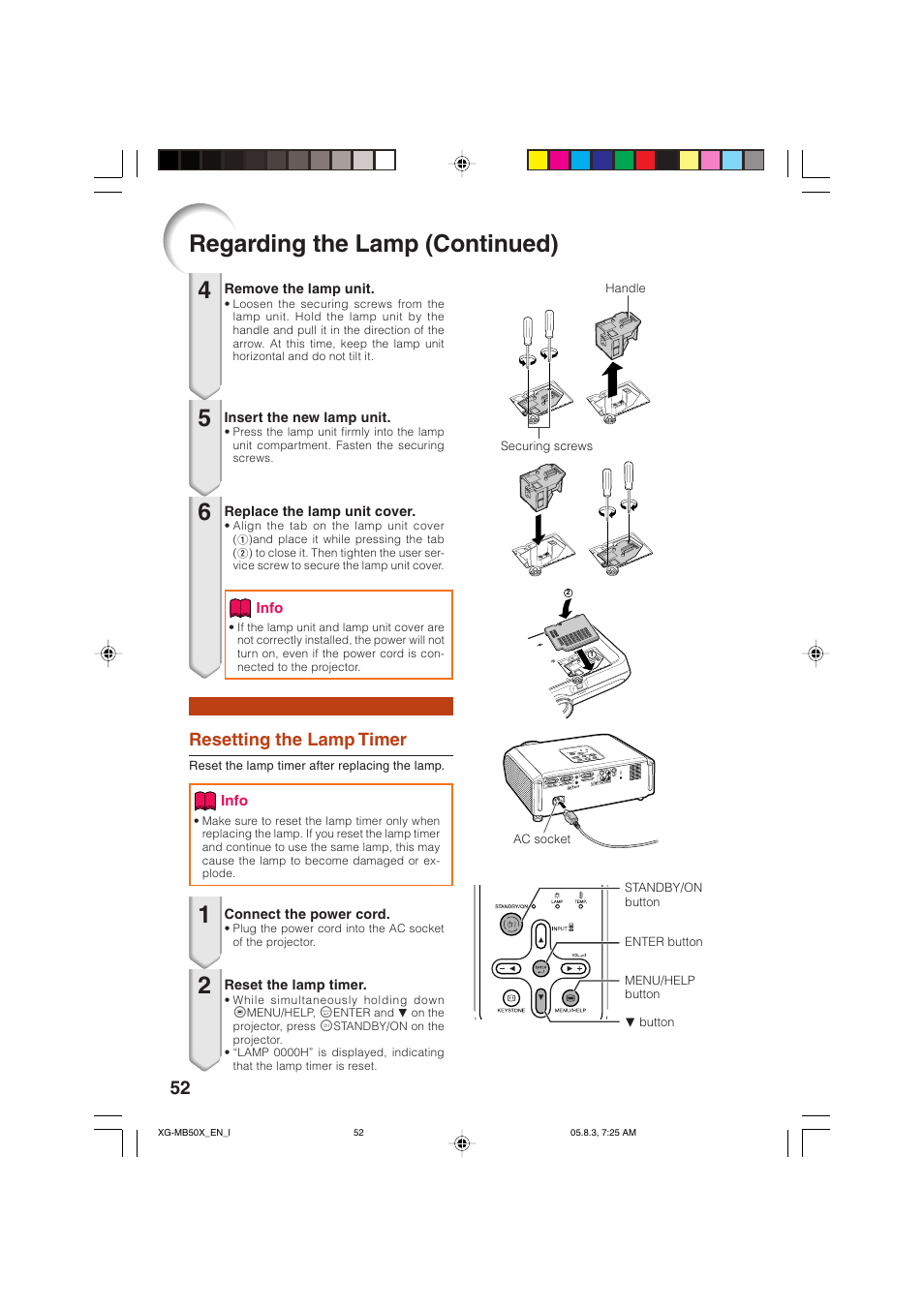 Regarding the lamp (continued), Resetting the lamp timer | Sharp XG-MB50X User Manual | Page 54 / 68