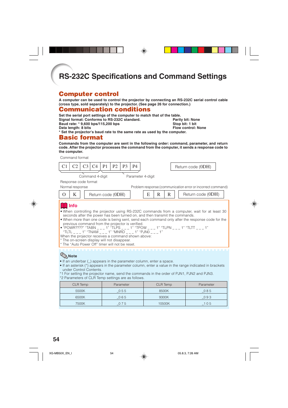 Rs-232c specifications and command settings, Computer control, Communication conditions | Basic format | Sharp XG-MB50X User Manual | Page 56 / 68