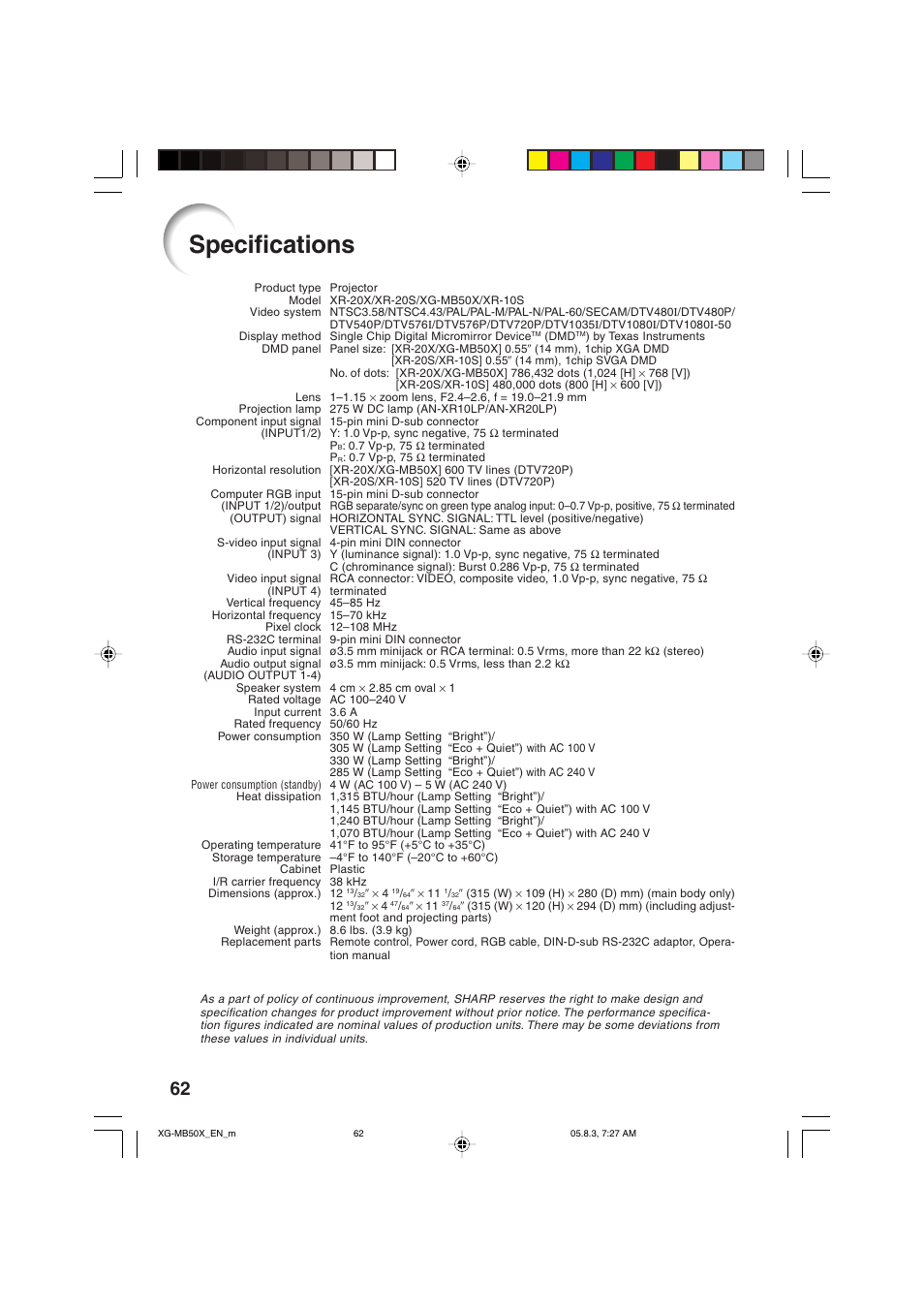 Specifications | Sharp XG-MB50X User Manual | Page 64 / 68