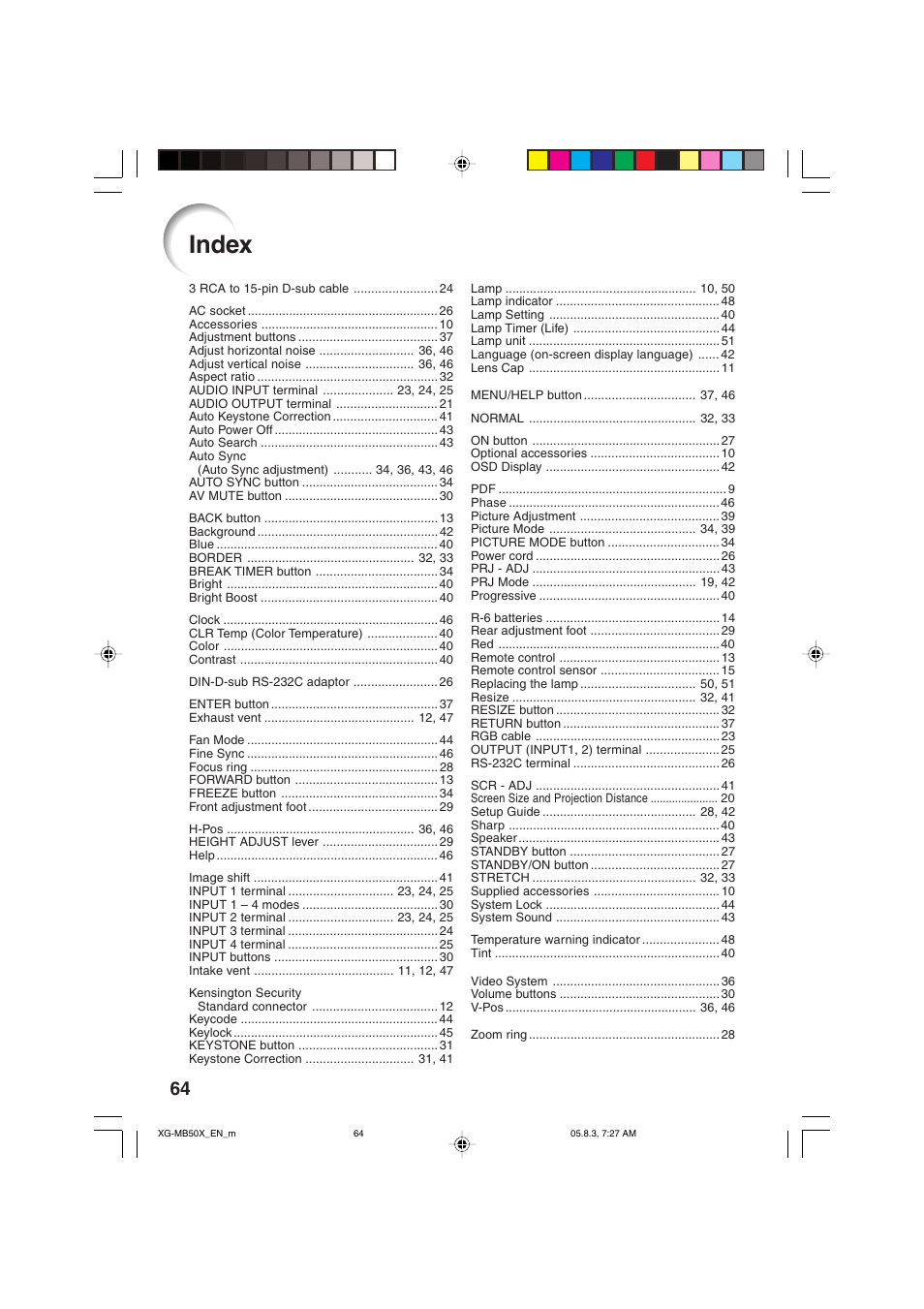 Index | Sharp XG-MB50X User Manual | Page 66 / 68