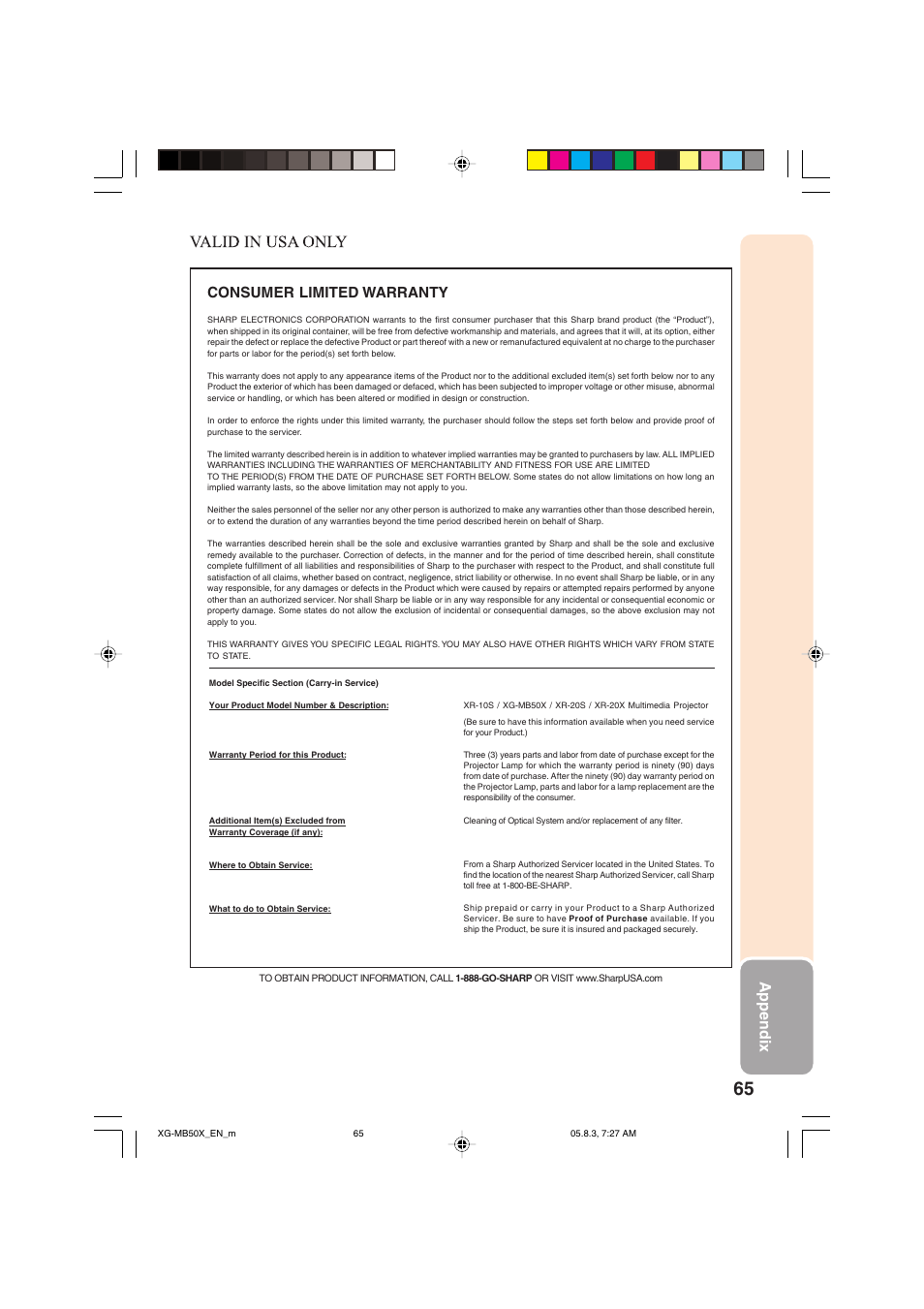 Appendix, Consumer limited warranty | Sharp XG-MB50X User Manual | Page 67 / 68