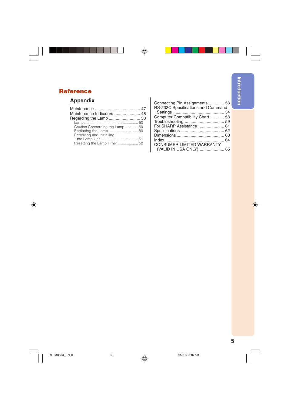 Reference, Appendix | Sharp XG-MB50X User Manual | Page 7 / 68