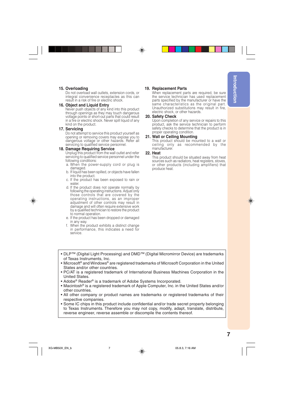 Intr oduction | Sharp XG-MB50X User Manual | Page 9 / 68