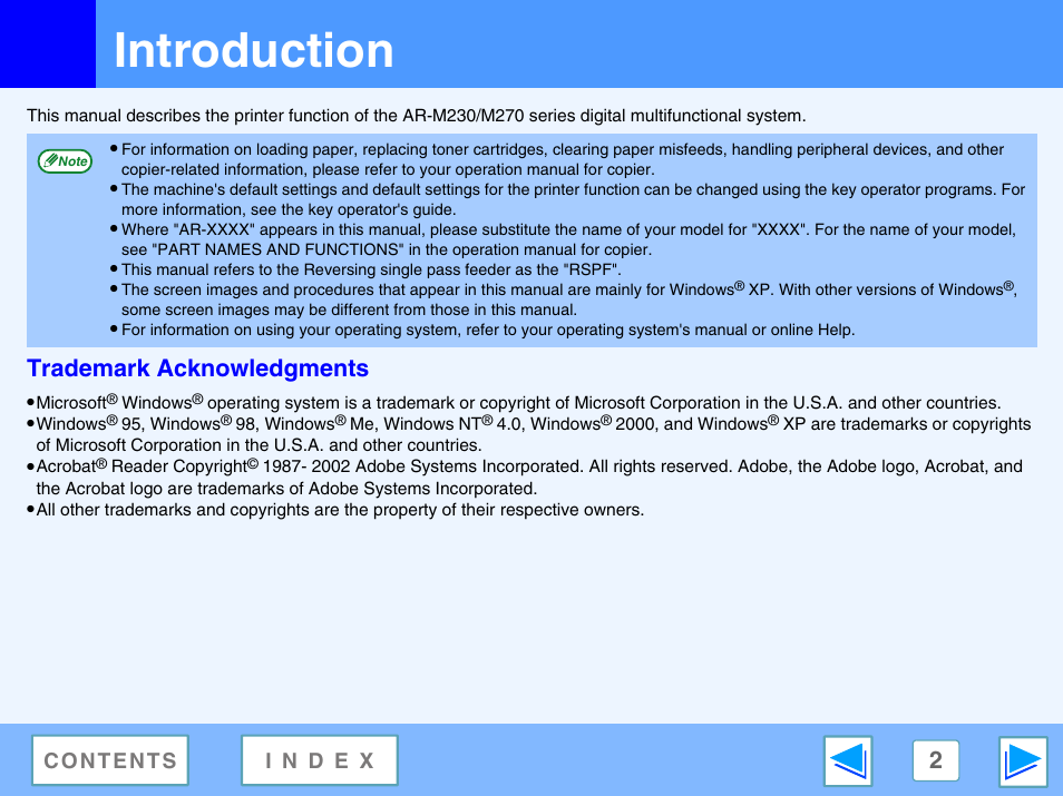 Introduction, Trademark acknowledgments | Sharp AR-M230 User Manual | Page 2 / 34