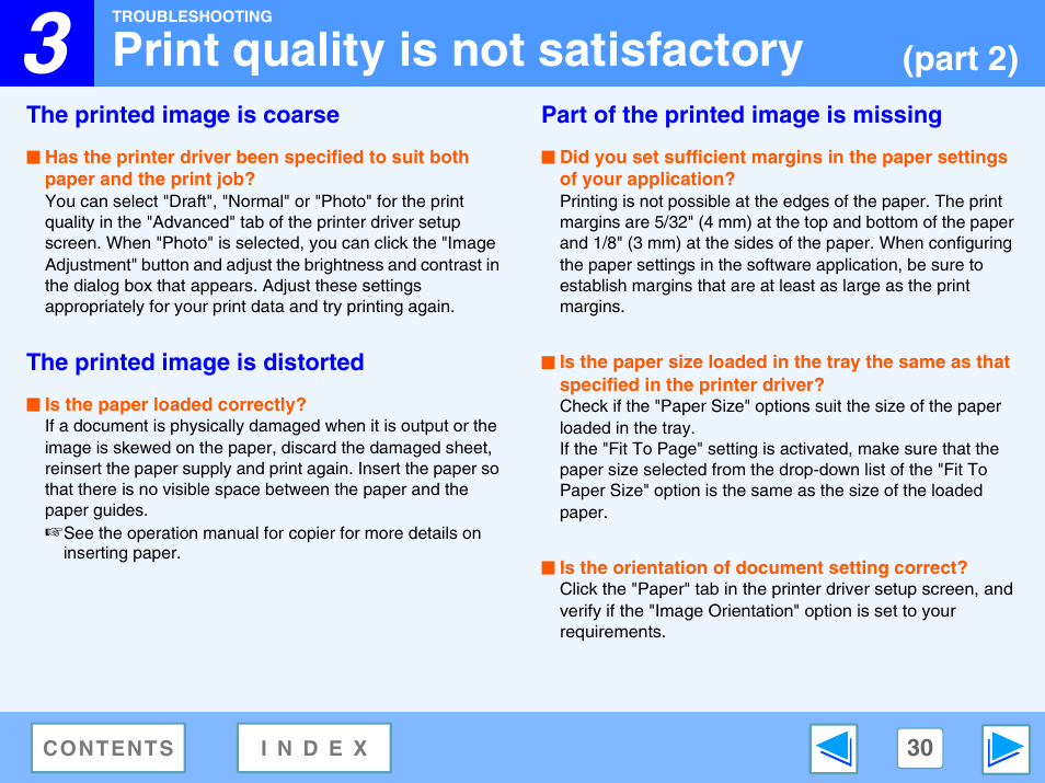 The printed image is coarse, The printed image is distorted, Part of the printed image is missing | Print quality is not satisfactory, Part 2) | Sharp AR-M230 User Manual | Page 30 / 34