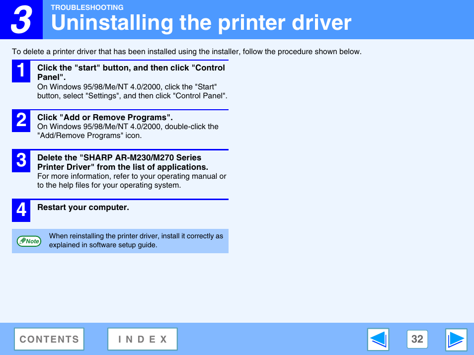 Uninstalling the printer driver | Sharp AR-M230 User Manual | Page 32 / 34