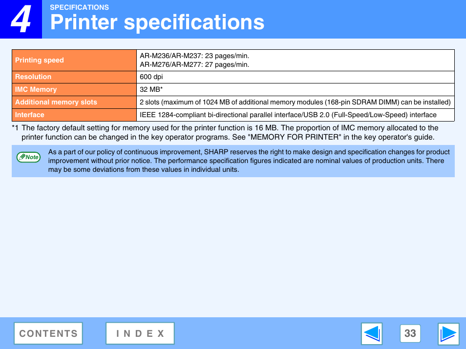 Printer specifications, 4 specifications | Sharp AR-M230 User Manual | Page 33 / 34