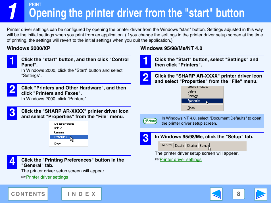 Opening the printer driver from the "start" button, Windows 2000/xp, Windows 95/98/me/nt 4.0 | Sharp AR-M230 User Manual | Page 8 / 34