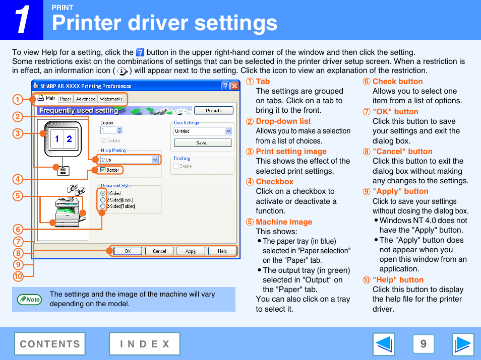 Printer driver settings | Sharp AR-M230 User Manual | Page 9 / 34