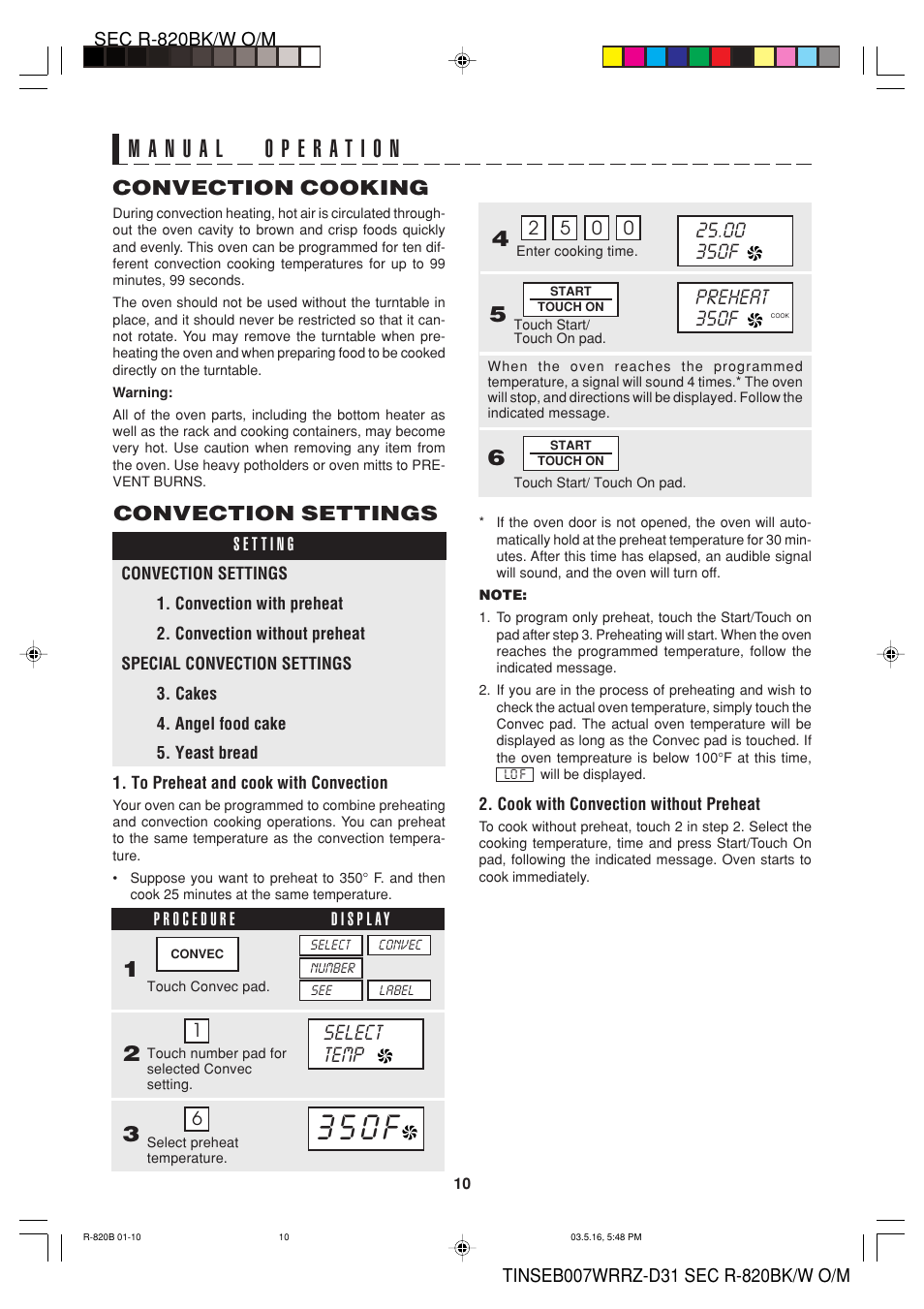 3 5 0 f, Convection cooking, Convection settings | Sharp Microwave Oven User Manual | Page 12 / 43