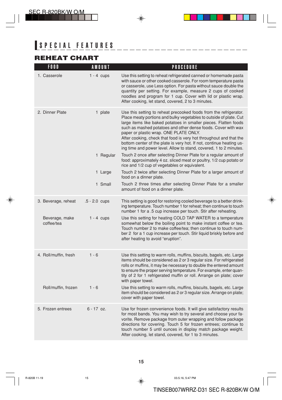 Reheat chart | Sharp Microwave Oven User Manual | Page 17 / 43