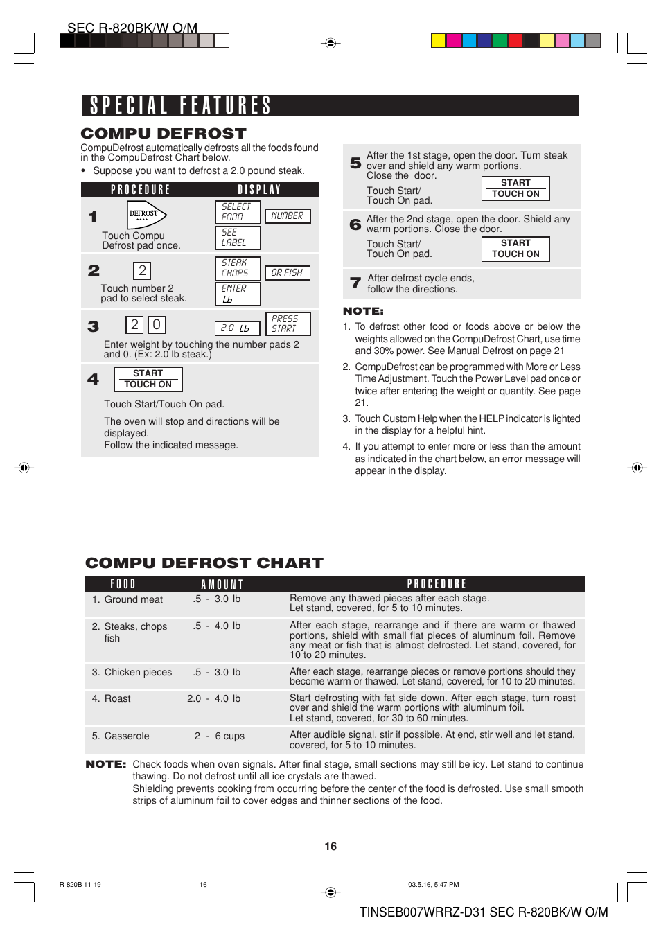 Compu defrost, Compu defrost chart | Sharp Microwave Oven User Manual | Page 18 / 43