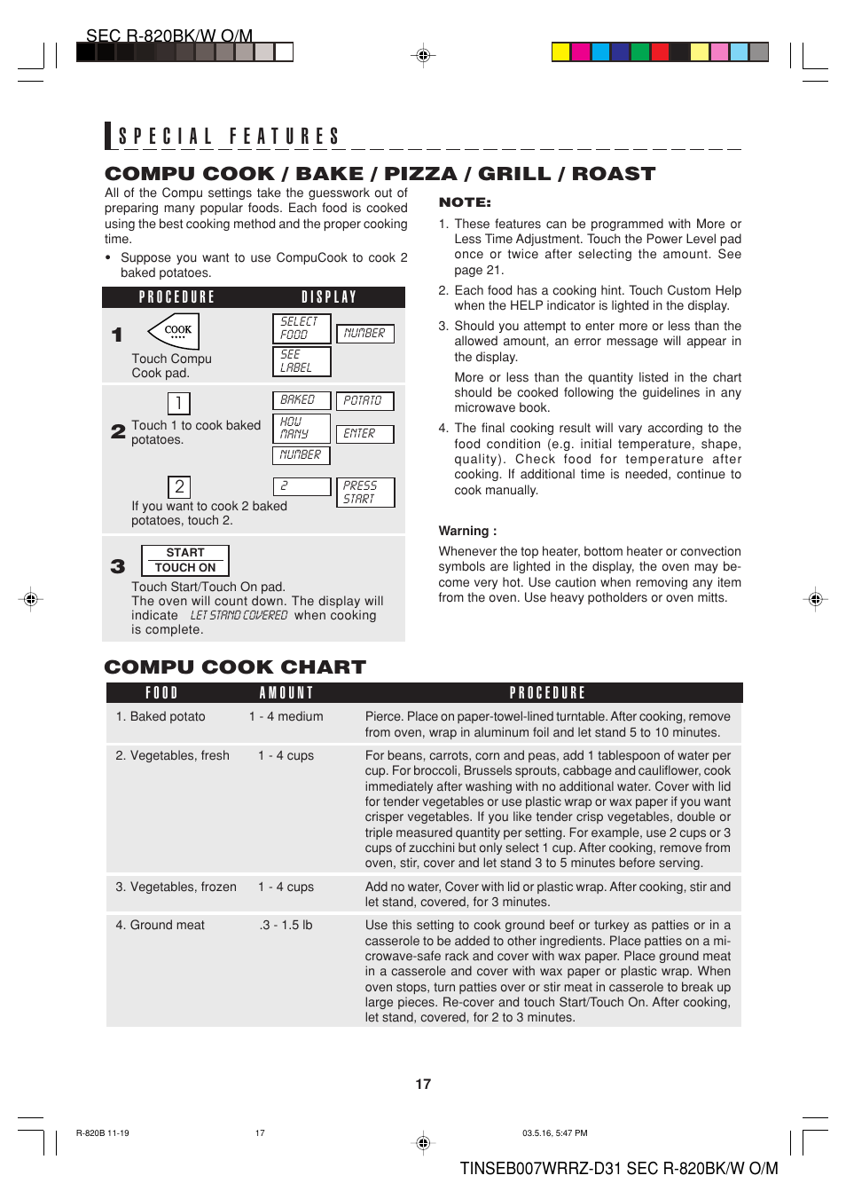 Compu cook / bake / pizza / grill / roast, Compu cook chart | Sharp Microwave Oven User Manual | Page 19 / 43