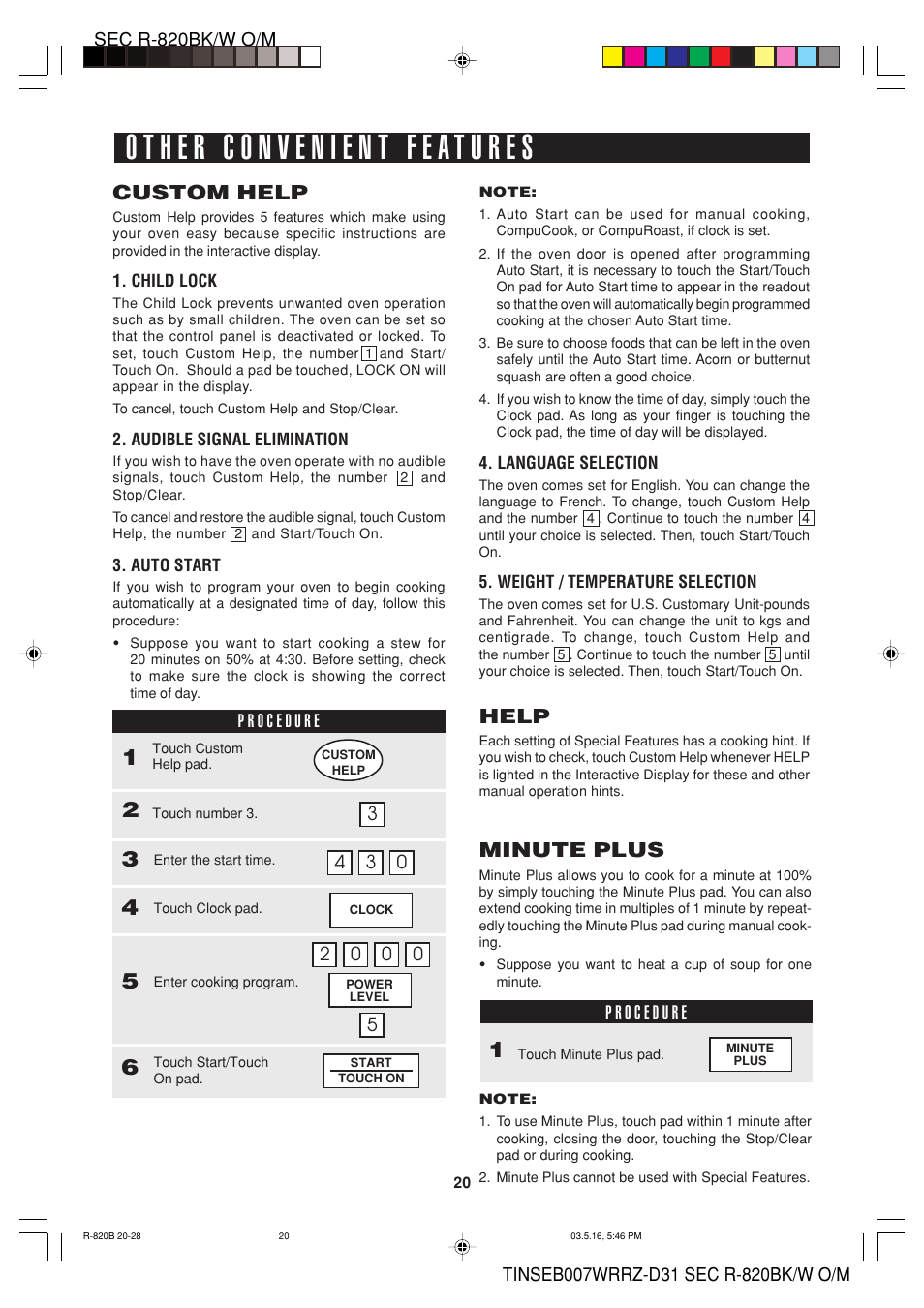 Custom help, Help, Minute plus | Sharp Microwave Oven User Manual | Page 22 / 43
