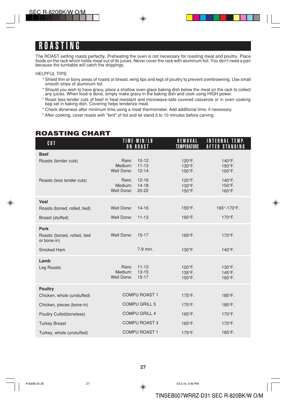 Roasting chart | Sharp Microwave Oven User Manual | Page 29 / 43