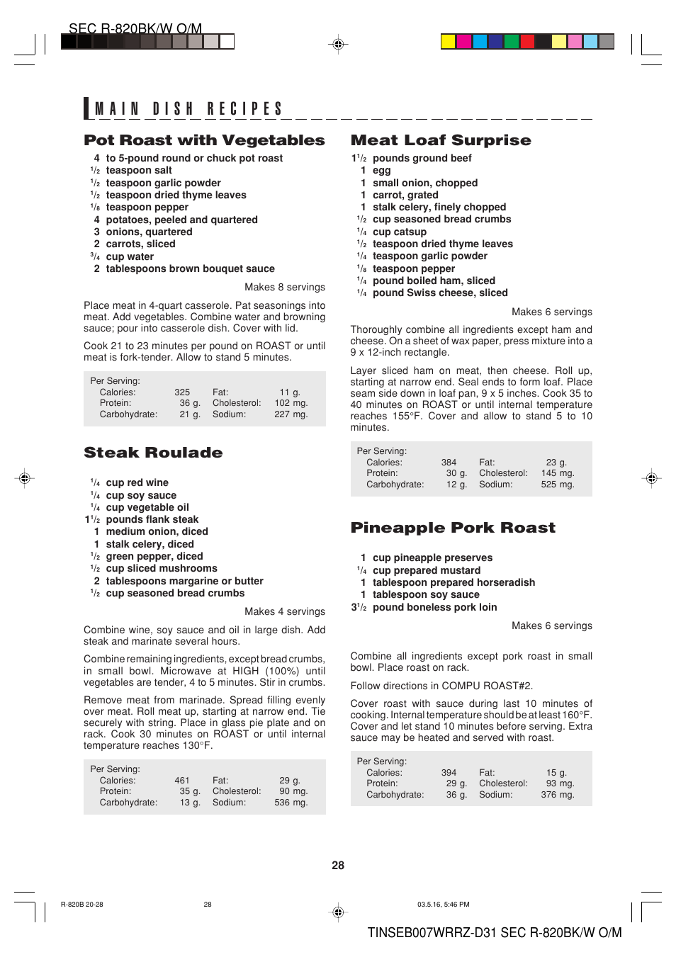 Pot roast with vegetables, Steak roulade, Meat loaf surprise | Pineapple pork roast | Sharp Microwave Oven User Manual | Page 30 / 43