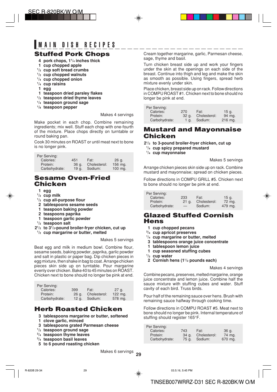 Mustard and mayonnaise chicken, Glazed stuffed cornish hens, Stuffed pork chops | Sesame oven-fried chicken, Herb roasted chicken | Sharp Microwave Oven User Manual | Page 31 / 43