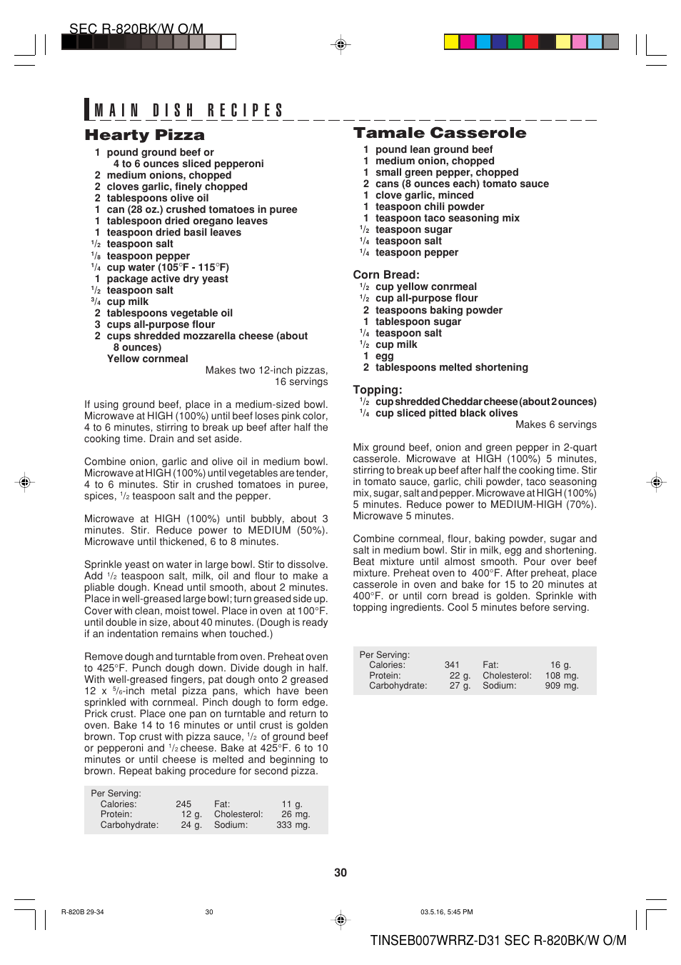 Hearty pizza, Tamale casserole, Corn bread | Topping | Sharp Microwave Oven User Manual | Page 32 / 43