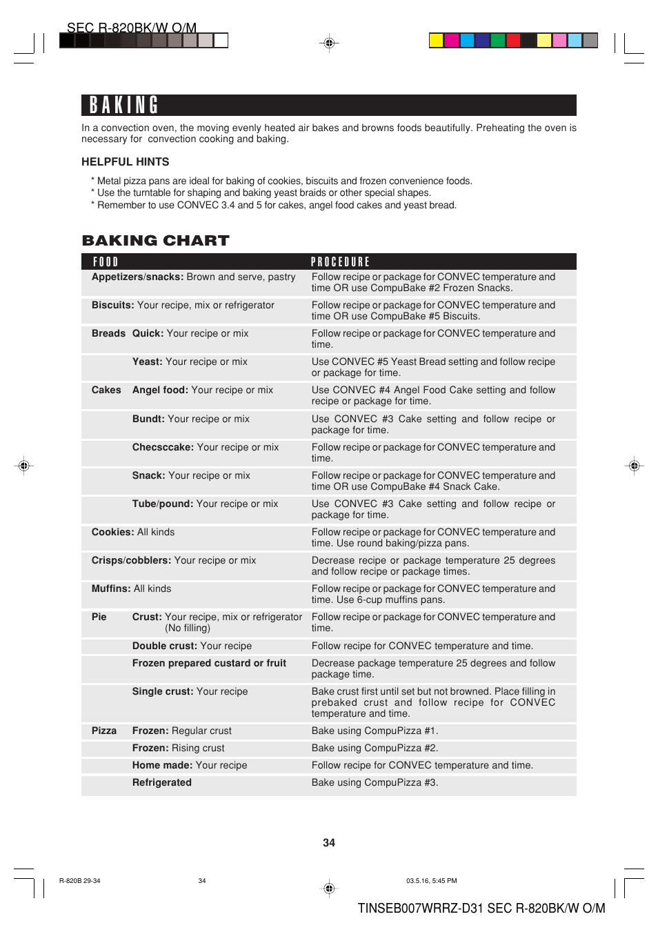 Baking chart, F o o d | Sharp Microwave Oven User Manual | Page 36 / 43