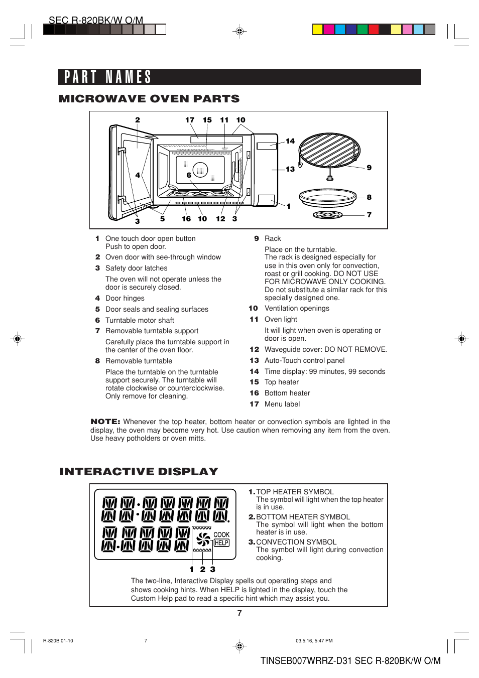 Interactive display, Microwave oven parts | Sharp Microwave Oven User Manual | Page 9 / 43