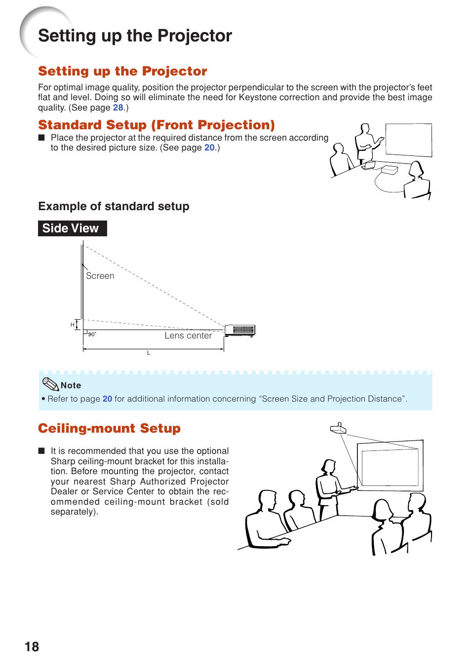 Setup, Setting up the projector, Standard setup (front projection) | Ceiling-mount setup, Side view | Sharp XG-F210X User Manual | Page 22 / 72