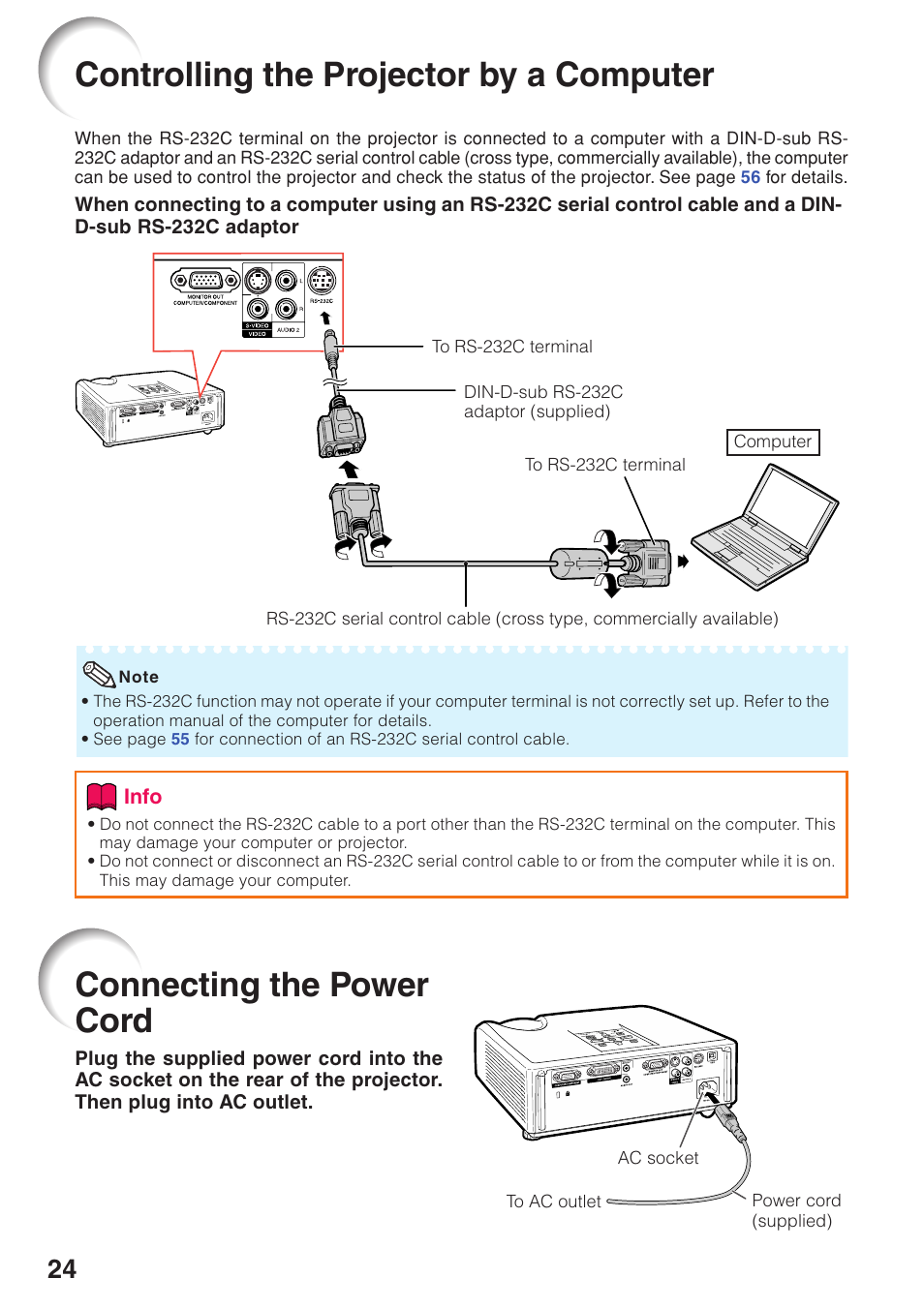 Controlling the projector by a computer, Connecting the power cord, Controlling the projector by | A computer | Sharp XG-F210X User Manual | Page 28 / 72