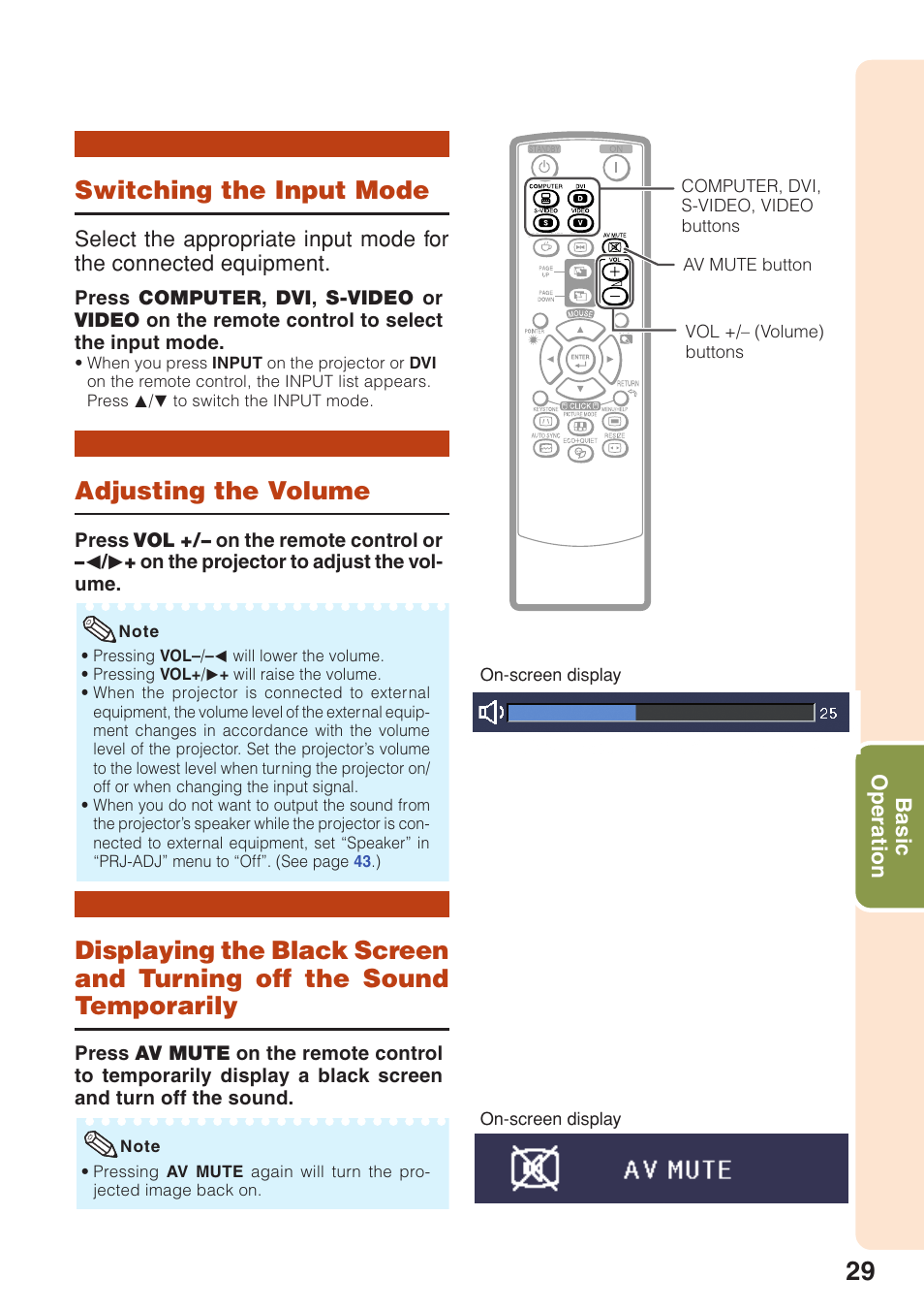 Switching the input mode, Adjusting the volume, Turning off the sound temporarily | Sharp XG-F210X User Manual | Page 33 / 72